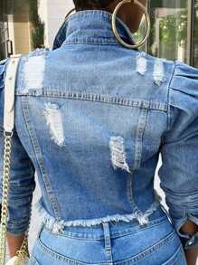 Distressed Hem Pocket Denim Jacket, Casual Street Style Versatile Fit, Elastic-Free, Suitable For All Seasons