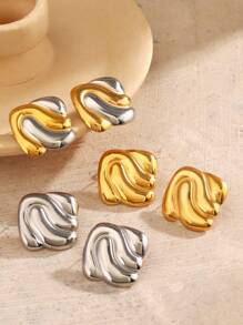 2 Pieces Of Stainless Steel Personalized Elegant Women's Fashion Gold Steel Color Color Blocked Geometric Water Ripple Shaped Earrings Suitable For Women's Daily Summer Shopping And Travel Wearing Earrings