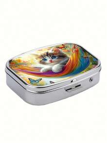 1pc Cute Cat Medicine Pill Box, 2-Compartment Portable Pill Case Wallet Pocket Travel - Practical And Fashionable