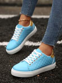 Nouvelles baskets plates et décontractées pour femmes avec bout rond, lacets et semelle antidérapante, en noir. Diverses options de couleurs, convient pour le printemps et l'automne - Bleu azur - Voir 6