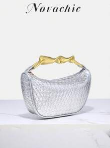 Novachic, geantă vintage din paie cu mâner metalic răsucit, geantă de vară pentru femei, mini geantă crossbody cu fermoar, geantă de umăr casual din paie țesută, perfectă pentru plajă și accesorii de vacanță