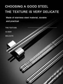 6/10pcs Stainless Steel Chopstick Set, Porcelain Pattern, Non-Slip & Heat-Resistant, Adult Tableware Chopstick Set For Home Use - Silver - View 4