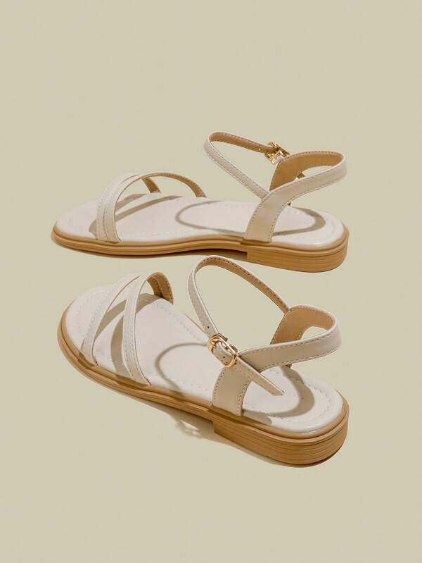 Women's Apricot Color Flat Open Toe Strap Sandals, Simple Minimalist Thin Strap Soft Bottom Beach One-Buckle Strap Sandals