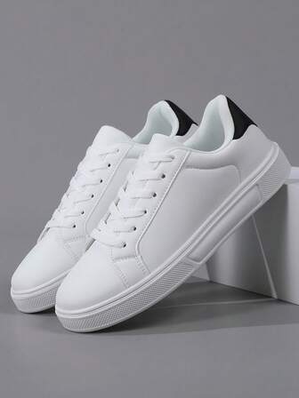 White Men's Low-Top Sneakers, PU Leather Upper, Round Toe, Lace-Up, Soft Sole, Casual Athletic Shoes, Spring/Autumn