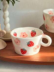One Small Ceramic Cup With Hand Drawn Strawberry Flower, Unique Handmade Cute Floral Mug, Ideal For Restaurants, Living Rooms, Cafes And Gatherings, Perfect Gift For Coffee Lovers - A Small Flower Strawberry Cup - View 7