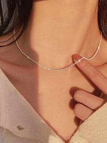 1pc Stainless Steel Shiny Broccoli Textured Delicate Chain Necklace For Women - Silver - View 1