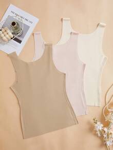 3件套女士春夏冰丝无缝条纹吊带背心，无袖圆领，宽肩带，时尚外套，舒适休闲打底衬衫背心 - 彩色 - 查看 5