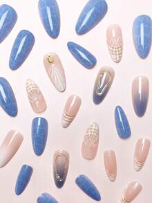 24 件/套法式杏仁形海洋风格优雅 3D 贝壳水滴金线甜美压力型全覆盖假指甲，含 1 件果冻凝胶和 1 件指甲锉，增添浪漫气息，让您看起来甜美，适合日常约会美甲用品指甲