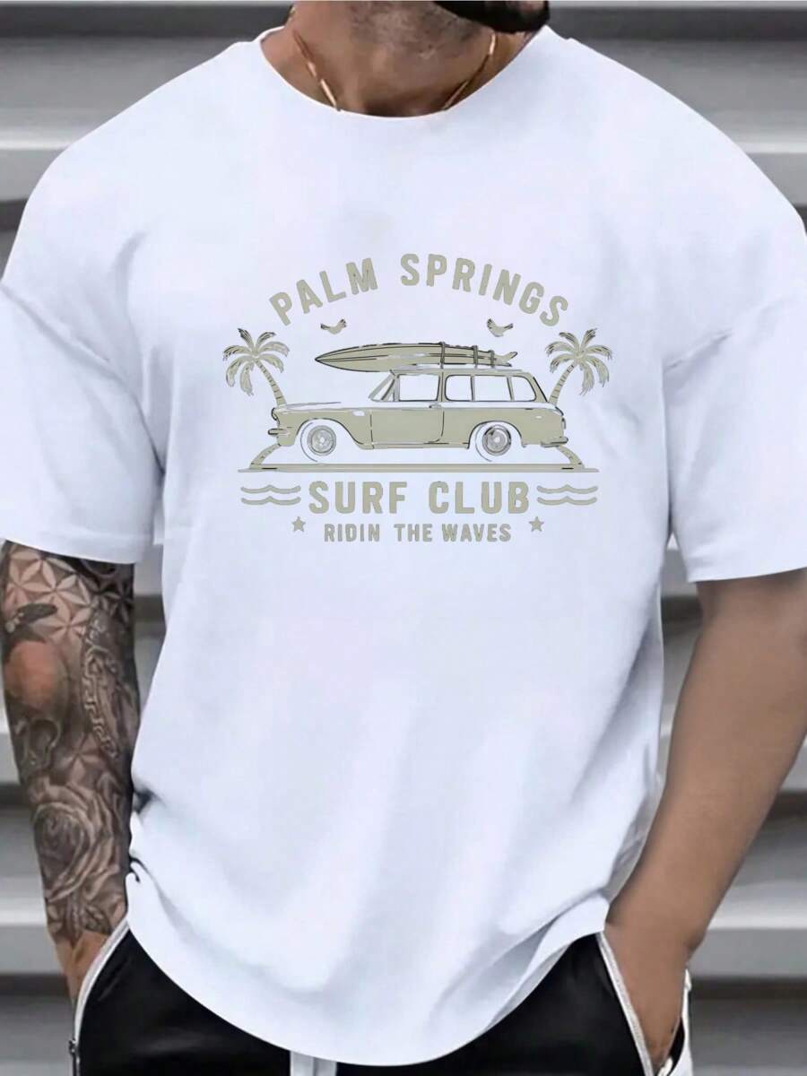 T-shirt bianca con stampa Palm Springs Surf Club, t-shirt da uomo girocollo, 220 g/m², per l'estate, in puro cotone, maniche corte (1 pezzo)