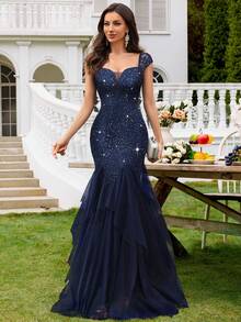 MIUSOL 亮片花卉蕾丝甜心领短袖撞色网纱层叠下摆晚宴派对长裙，优雅女士派对礼服，正式晚礼服，舞会礼服，适合婚礼宾客、毕业典礼、晚宴、情人节等场合。 - 藏蓝色 - 查看 5