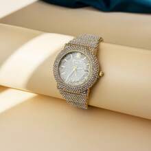 DAYAND NIGHT [DAYAND NIGHT] Luxury Women Gold Color Fully Rhinestone Encrusted Watch, Suitable For Parties, Galas Or Daily Wear. Perfect Gift For Valentine's Day, Anniversary Or Birthday
