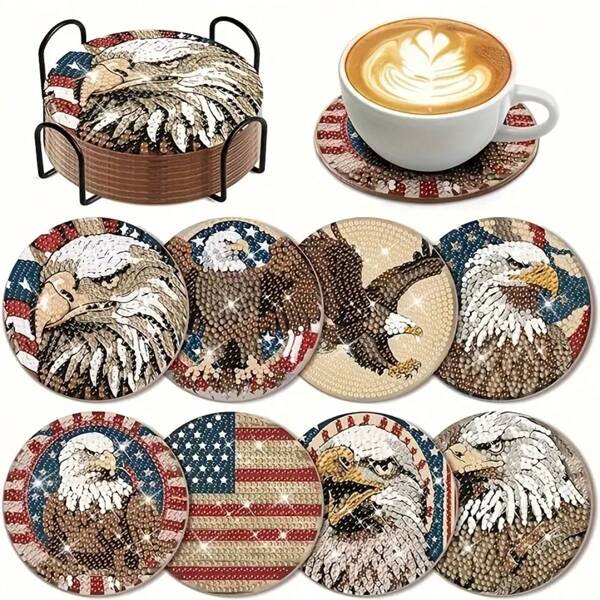 New DIY Diamond Painting Kit. Fully Rhinestoned Living Room/Bedroom Tea Cup Mat Decor 8-Piece Set, Eagle Design, Suitable As Gifts