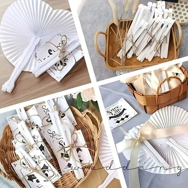 1/12/24pcs White Wedding Folding Fan, Heart Shaped Folding Fan Blank Fan With Durable Plastic Handle For Party Gifts, Wedding Decorations, Souvenir Bag Fillers, DIY Painting Birthday Party Decorations, Stage Shows, Decoration Fans