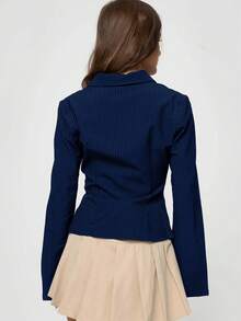 外出复古性感可爱束身长袖纽扣条纹蓝色美丽复古时尚休闲优雅女式衬衫/上衣春夏假日/情人节 - 藏青色 - 查看 4