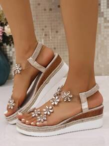 A Pair Of Wedge Sandals For Teenagers, Stylish And Versatile Girls' Shoes With Rhinestones And Thick Soles, Girls' High - Heeled Shoes With Soft Flower - Decorated Soles For Matching Dresses