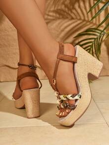 Women's Bohemian Style Faux Diamond Decorated Sandals, Rope Platform Wedge Heel. Fashionable Spring/Summer Thick Bottom Flat Sandals. Suitable For Daily Outfit, Party, Vacation, Events, Weddings, Fashion Shows. Matches Well With Camisole, T-Shirt, Blouse, Bikini, Skirt, Dress, Shorts.,Travel Essential - Brown - View 5