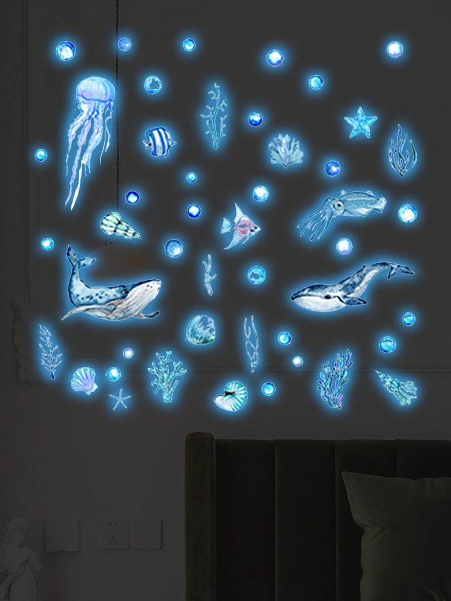 1 Set Underwater World Luminous Stickers, Glowing In The Dark, Suitable For Living Room, Bedroom, Background Wall, Wall Decoration, Home Decoration Room Decor Wall Sticker