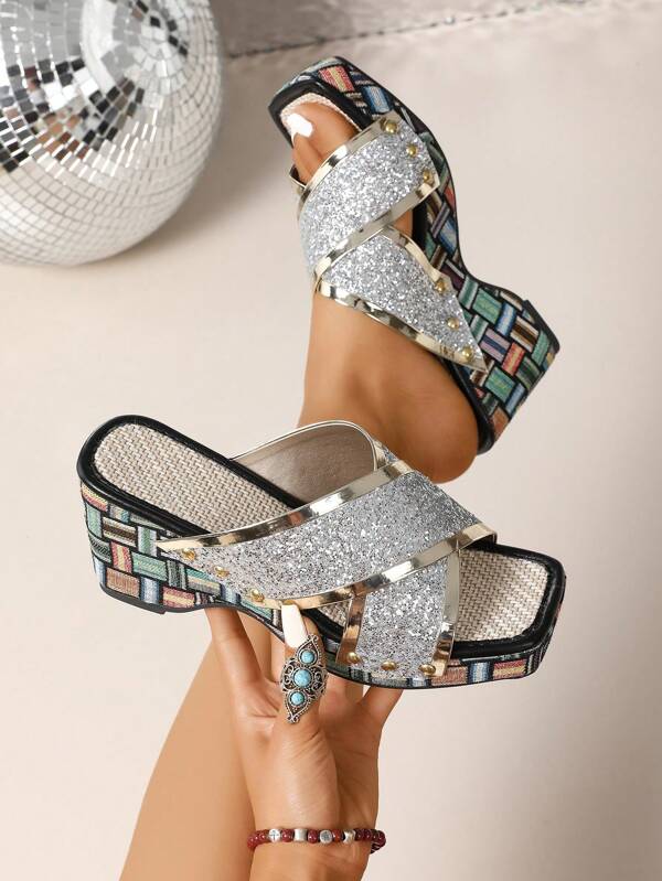 Women's Canvas Criss-Cross Strap Rhinestone Decorated Slip-On Sandals, Vacation Style, Outdoor Casual Comfortable Wedge Slides