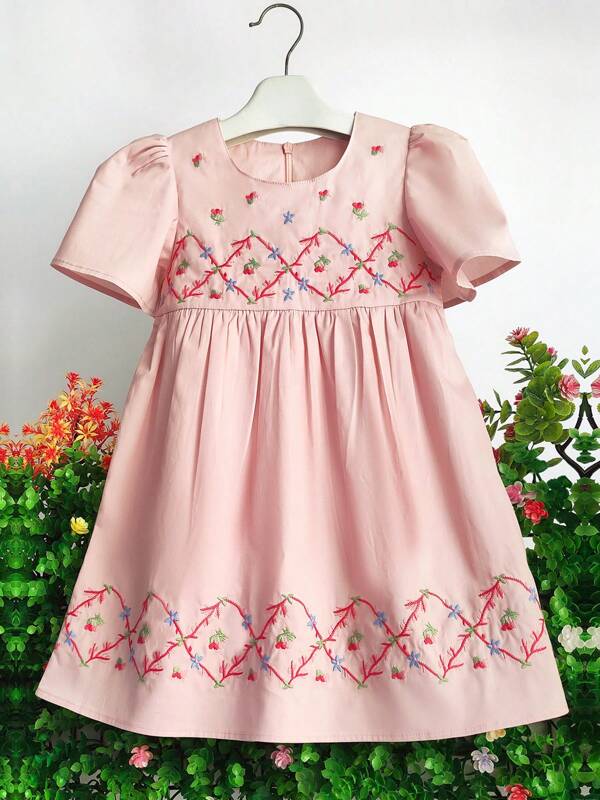 Girls' Pink Floral Embroidered Short Sleeve Dress - Casual Summer Princess Skirt For 2-6 Years Old, Midi Length, Non-Stretch, Solid Color With Colorful Flowers Natural, Soft, Harmless, Breathable