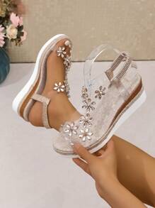 A Pair Of Wedge Sandals For Teenagers, Stylish And Versatile Girls' Shoes With Rhinestones And Thick Soles, Girls' High - Heeled Shoes With Soft Flower - Decorated Soles For Matching Dresses