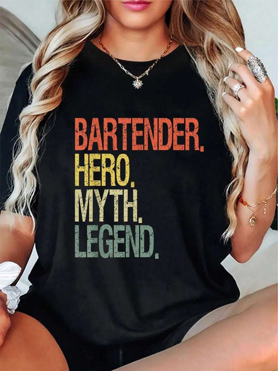 Funny Bartender T-Shirt With Bartender Hero Designs, Short Sleeve T-Shirt, Graphic Tee For Women And Men, Casual Tops, Graphic Tees For Women, Crop Tops, Summer Outfits For Women, T-Shirt - 黑色 - 查看 1
