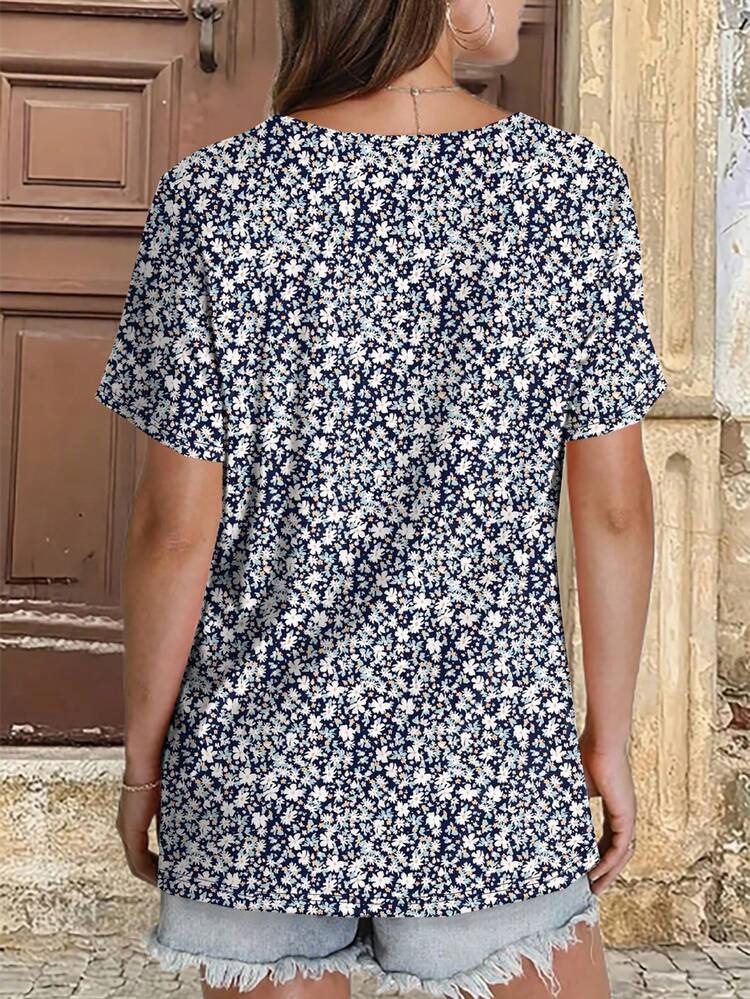 女士加大码碎花褶皱V领短袖休闲度假T恤 夏季 - 藍色 - 查看 5