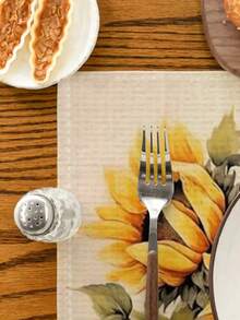 1pc/2pcs/4pcs/6pcs-Sunflower Checkered Illustration Green Leafy Plant Placemat, A Simple And Fresh Style Green Tropical Printed Linen Table Mat Combination, Suitable For Daily Decoration Party Table Mats In Spring And Summer - Multicolor - View 9
