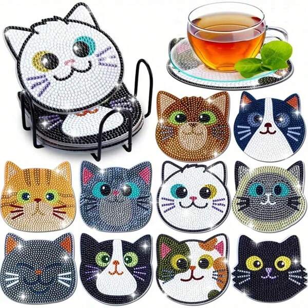Diamond Painting Coaster Set With Metal Stand - 10 Cute Cat Designs, Heat-Resistant & Anti-Slip Drink Pad For Coffee & Tea, Home Decor And Gifts, Perfect For Cat Lovers