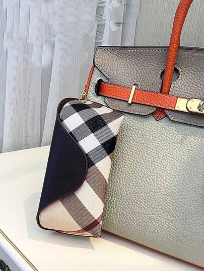 1 件装柔软 PU 皮革格子太阳镜包旅行眼镜架带钩眼镜盒便携式超薄太阳镜袋女士日常使用