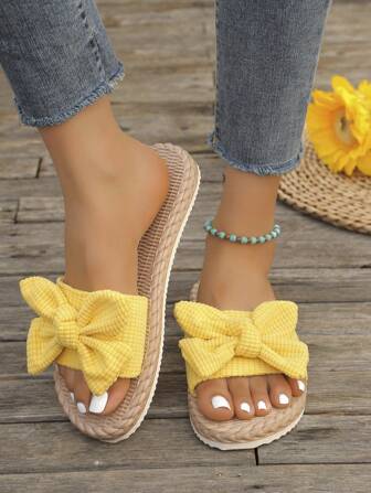 Sandalias planas con lazo decorativo para mujer, zapatillas de verano ligeras y sin cordones, calzado de playa antideslizante para damas, zapatos cómodos para interiores/exteriores, sandalias sin cordones para mujer