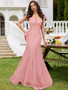 MIUSOL 亮片花卉蕾丝心形领短袖撞色网纱层叠下摆长款连衣裙，优雅女士派对礼服，正式晚礼服，舞会礼服，适合婚礼宾客、毕业典礼、盛大晚宴及其他场合。 - 粉色 - 查看 4