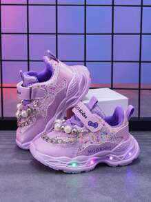 Scarpe luminose disegnate con perle per bambini MGO, scarpe sportive per bambini per primavera e autunno, comode sneaker da principessa per ragazze, scarpe casual con luci per bambini da 1 a 6 anni