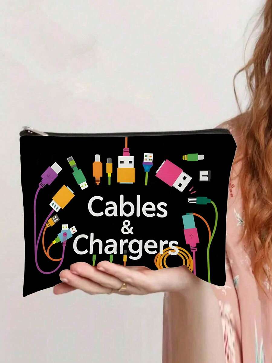 1pc Charger Graphic Cosmetic Bag, Double-Sided Printed Travel Wash Bag, Necessary Item For Business Trip And Travel, Makeup And Toiletry Storage Organizer, Charger Storage, Gift For Friendstravel Essentials Vacation Summer Holiday Back To School School Stuff Bag For School Travel Bag For Women Makeup Bag For Travel