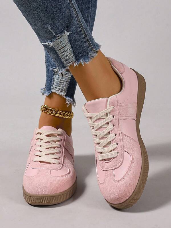 Women's Casual Sneakers, Light And Comfortable, Non-Slip Rubber Sole, Round Toe, Lace-Up, Pink Flat Leisure Shoes, Suitable For All Seasons