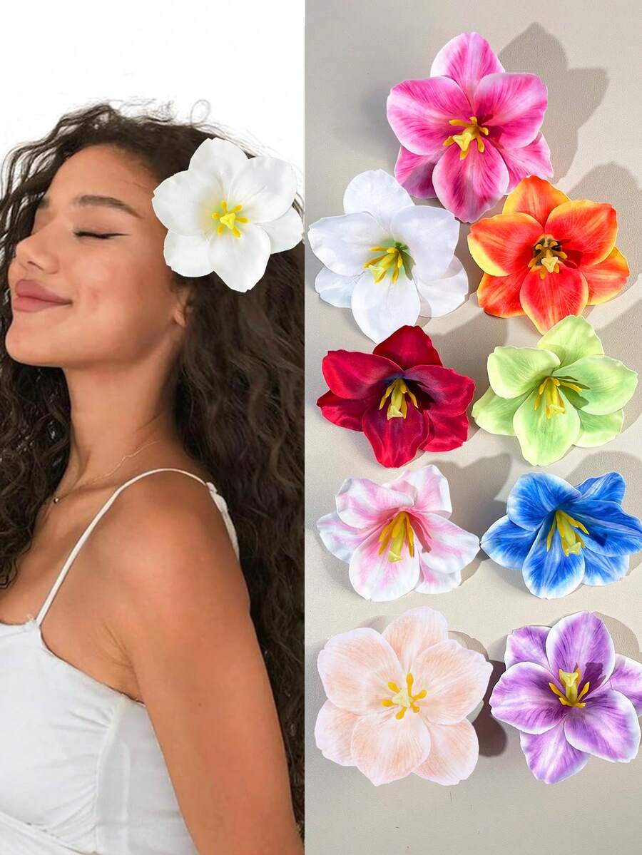 1/9件装夏威夷花朵发夹，郁金香大花朵发夹，人造花朵发夹，鸡蛋花发夹，适合假日海滩派对、夏季热带花朵发饰、婚礼派对、女孩节日礼物、母亲节礼物、爪夹发卡、头部饰品、发夹