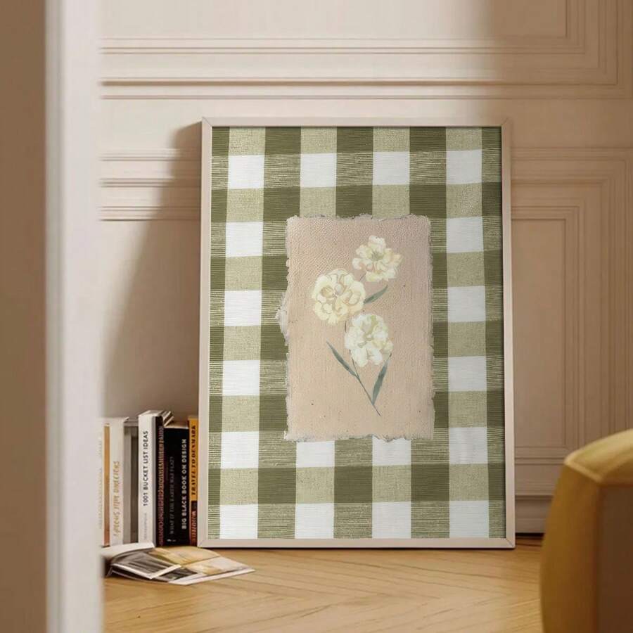 1PC Unframed Green Gingham Flower Vintage Poster Canvas Print Minimalist Wall Art Botanical Floral Aesthetic Decor Retro Painting For Dorm,Office,Living Room,Bedroom,Modern Home Decoration - Multicolor - View 1