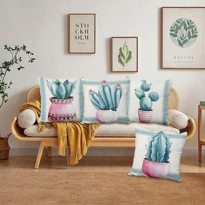 4 piezas, Fundas de almohada con diseño de cactus verde y flores rosas, fundas de almohada decorativas con plantas para sofá, dormitorio y exteriores