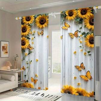 2 Pcs Vintage Faux Wood Door Yellow Chrysanthemum Floral Pattern Home Textile Curtain, With Rod Pocket Design For Easy Hanging, Privacy Protection, Suitable For Bedroom, Living Room, Kitchen, Study, Dining Room, Game Room, Home Decor Essential