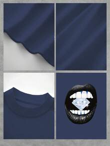 Glamorous And Luxury Inspired Men's T-Shirt With Diamond Mouth Graphic, 100% Cotton 220g - Blue - View 4
