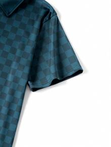 Camisa polo deportiva de manga corta con estampado de cuadros para hombres, adecuada para el trabajo diario, el trayecto y actividades al aire libre/vacaciones - Azul - Ver 5