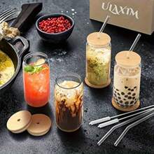 1pc/2pcs Glass Cup With Bamboo Lid & Straw, Straw Brush, 16 Oz Bottle Shaped Glass Cup, Iced Coffee Cup, Adorable Tumbler, Suitable For Beverages, Juice, Bubble Tea, Party And Holiday Gifts