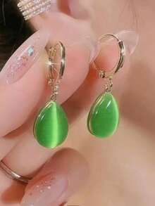 1 Pair Minimalist Teardrop Double-Sided Cat Eye Stone Earrings For Women, Lightweight & Versatile - Pink - View 5