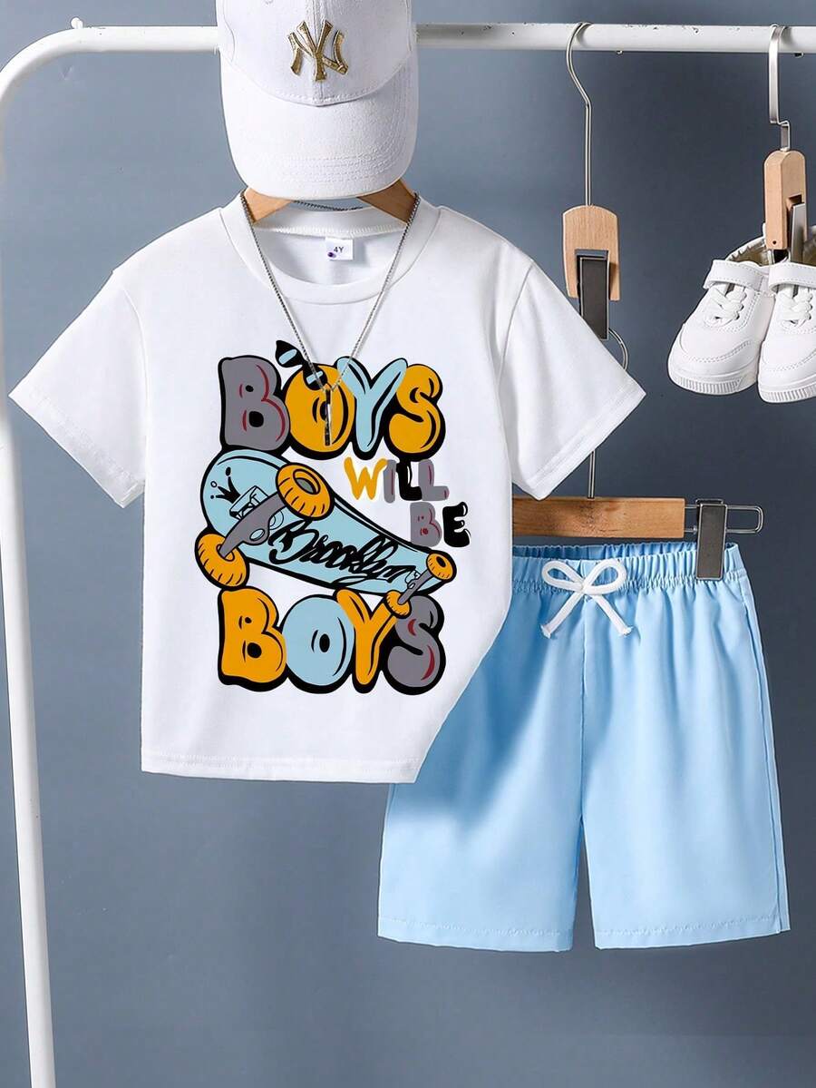 Children's School Uniform, Children's Letter Printed Short Sleeved T-Shirt And Shorts Summer Set, Skateboard Print, Leading The Fashion Style Series - 藍色 - 查看 1