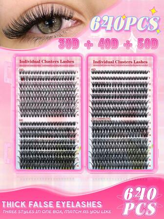 640pcs Eyelash Extensions Natural Look 640pcs Wispy Cluster Lashes - 9-16mm Fluffy DIY Extensions 30D+40D+50D | Eyelash Clusters | Exquisite Gift Set For New Year, Wedding, Music Festival, Thanksgiving Day