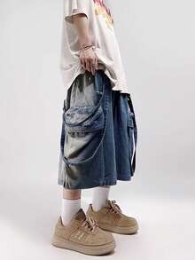 1 件男士休闲宽松中长款水洗复古美式嘻哈设计牛仔短裤，emo 风格