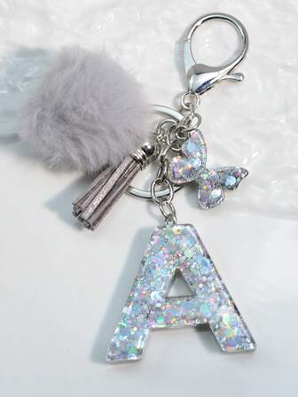 1pc Initial Letter Silver Glitter Keychain, Resin Drip Butterfly Pendant, Decoration For Bag/Car, Unisex Gift Car Accessories Bag Charm School Cute Goth Y2k