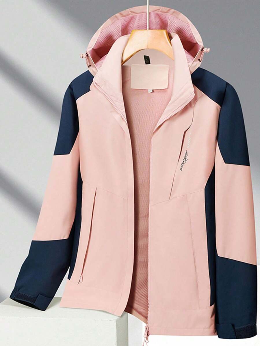 Women's Outdoor Colorblock Hooded Windbreaker Jacket Pink Spring Sports - Pink - View 1