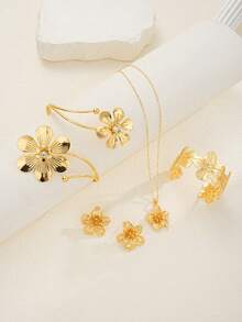 5/3/1 套装金属 3D 花朵项链耳环套装，夸张花朵手链鼻环身体链首饰套装，适合女性、日常/派对/节日的礼物 - 款式1 - 查看 7