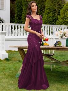 MIUSOL Sequin Floral Lace Sweetheart Neck Cap Sleeve Contrast Mesh Tiered Hem Evening Party Maxi Dress, Elegant Party Dress For Women, Formal Evening Gown, Prom Dress, For Wedding Guest, Graduation, Dinner, Valentine's Day - Maroon - View 7