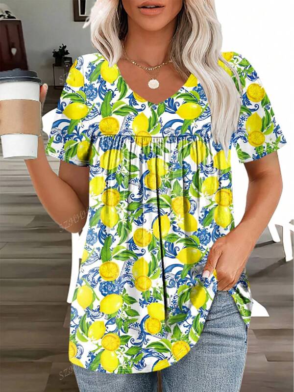 Camiseta de manga corta con escote en V con estampado de hojas y frutas, ropa de vacaciones para mujer de talla grande
